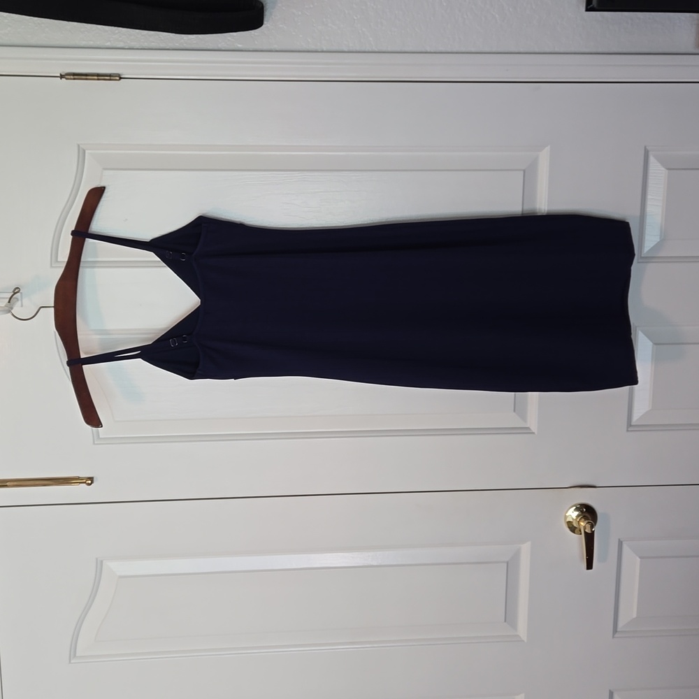 Forever 21 Navy Stretch Midi Dress Small – Adjustable Straps, Body‑Skimming Fit